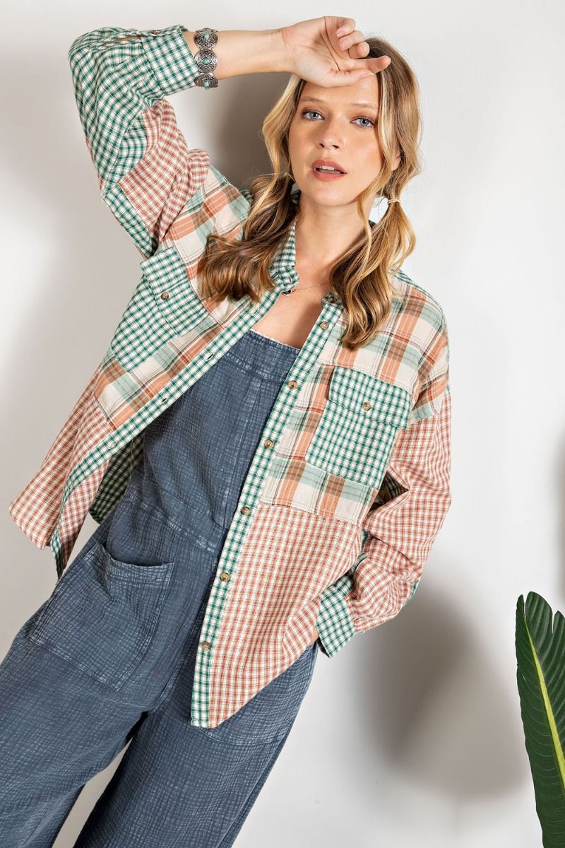 Easel Mix N Match Plaid Printed Loose Fit Button Down Tunic Shirt - Roulhac Fashion Boutique