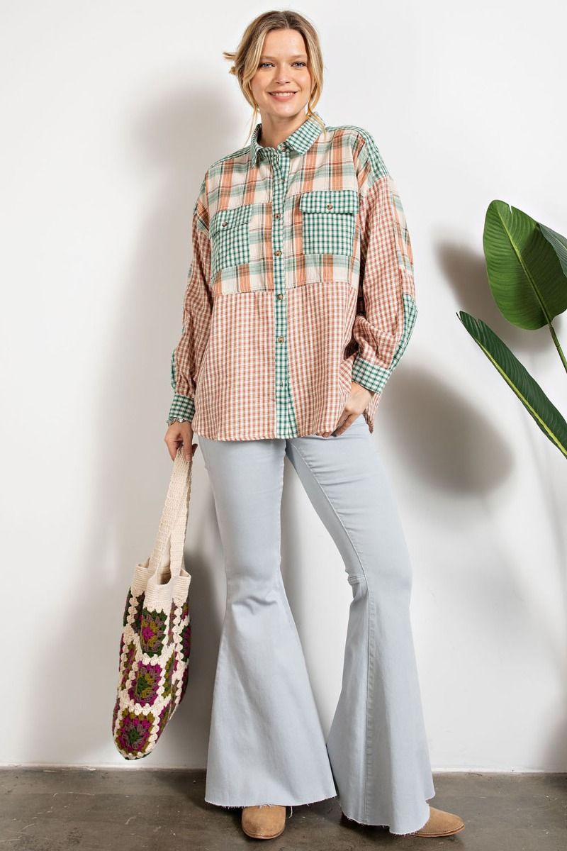 Easel Mix N Match Plaid Printed Loose Fit Button Down Tunic Shirt - Roulhac Fashion Boutique