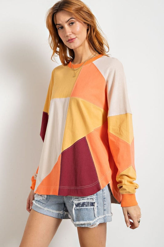 Easel Sunny Side Up Color Block Cotton Jersey Boxy Rounded Neck Pullover Top - Roulhac Fashion Boutique