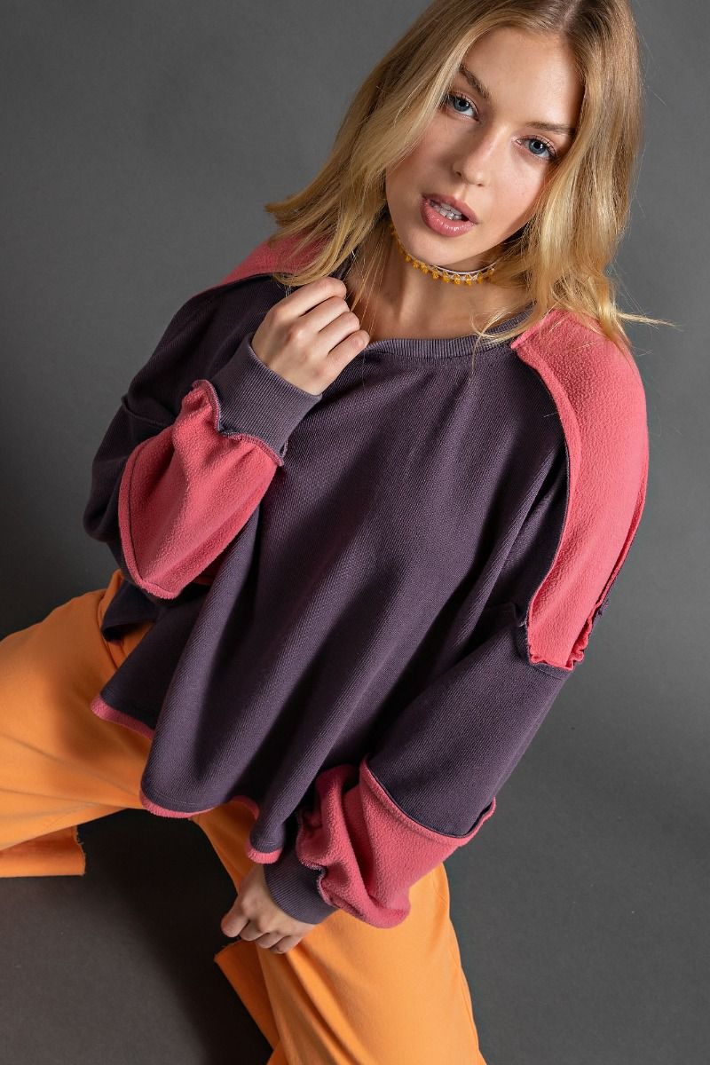 Easel Color Blocked Rounded Neck Loose Fit Exposed Seaming Pullover Top - Roulhac Fashion Boutique