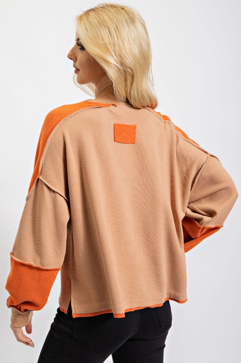 Easel Color Blocked Rounded Neck Loose Fit Exposed Seaming Pullover Top - Roulhac Fashion Boutique