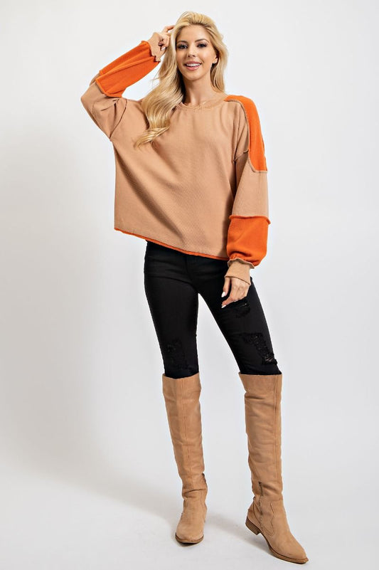 Easel Color Blocked Rounded Neck Loose Fit Exposed Seaming Pullover Top - Roulhac Fashion Boutique