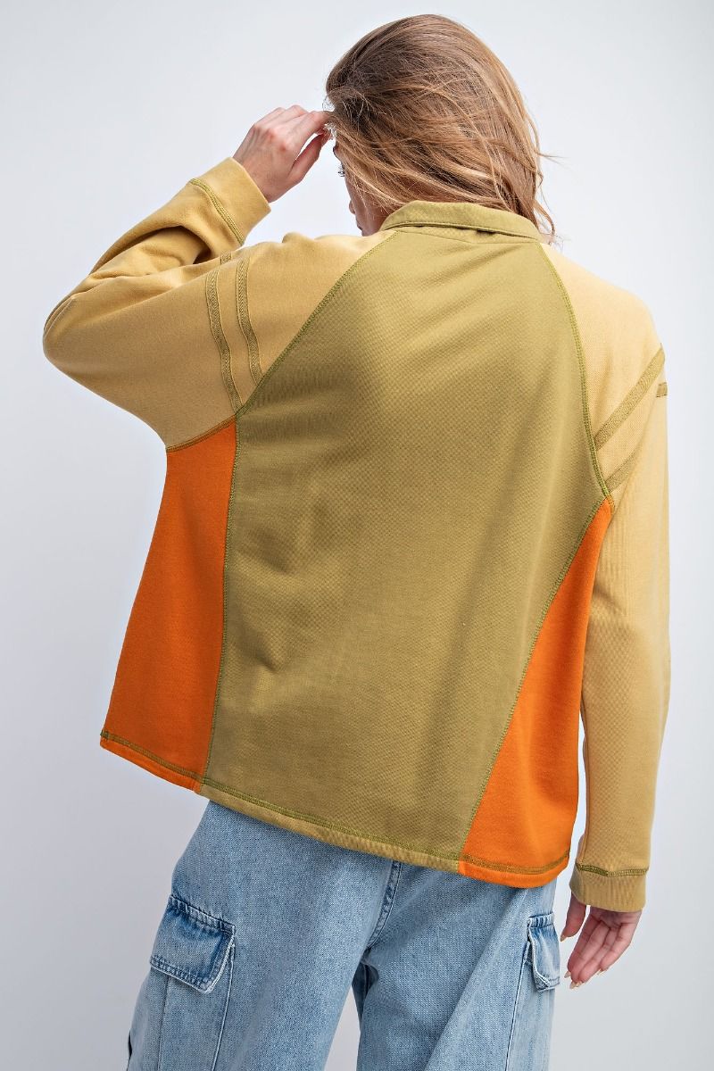 Easel Color Blocked Terry Knit Mock Neckline Button Closure Loose Fit Top - Roulhac Fashion Boutique
