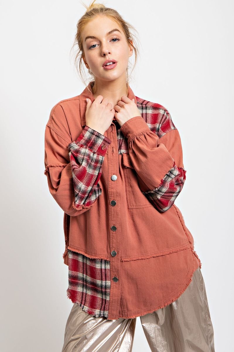 Easel Washed Twill Curved Bottom Hem Loose Fit Button Down Boxy Shirt - Roulhac Fashion Boutique