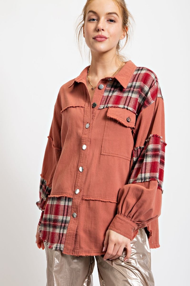 Easel Washed Twill Curved Bottom Hem Loose Fit Button Down Boxy Shirt - Roulhac Fashion Boutique