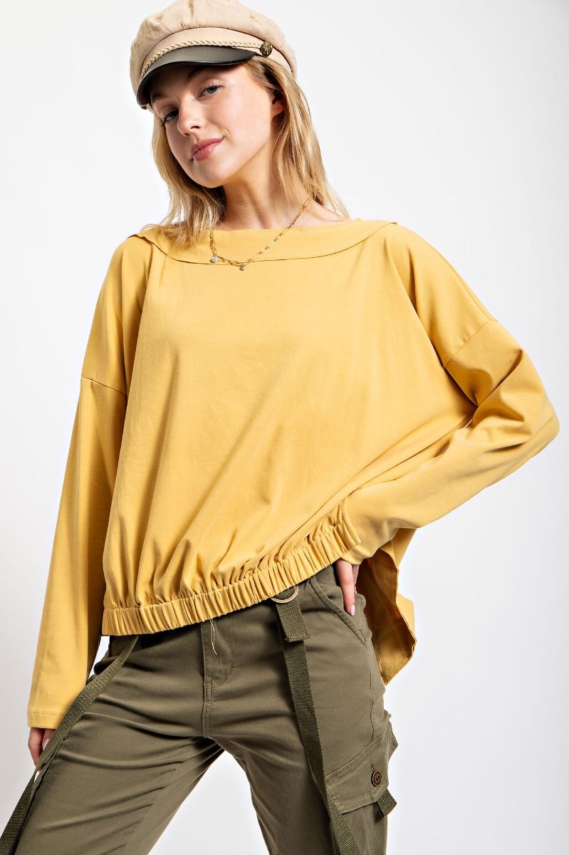 Easel Elastic Waistband Cotton Jersey Boat Neck Dropped Loose Fit Top - Roulhac Fashion Boutique