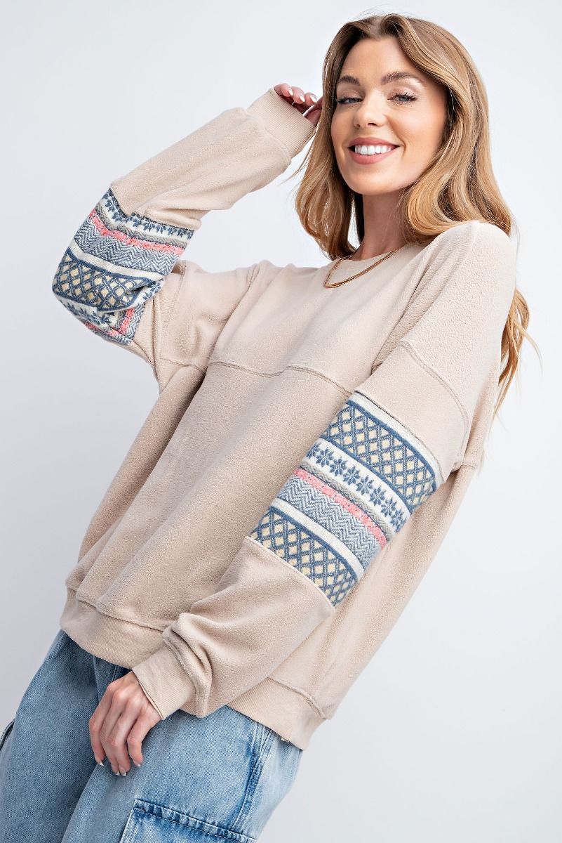 Easel Ethnic Pattern Banded Edges Loose Fit Fleece Pullover - Roulhac Fashion Boutique