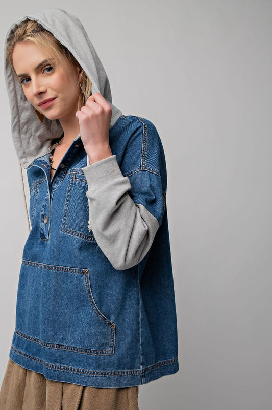 Easel Washed Denim French Terry Contrast Kangaroo Pocket Loose Fit Hoodie Top - Roulhac Fashion Boutique