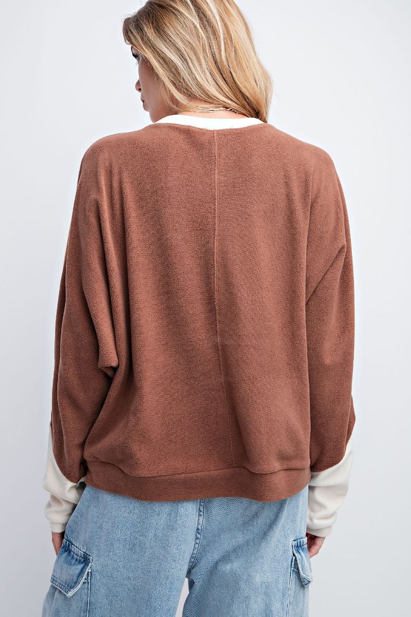 Easel Soft Color Blocked Design Brushed Fleece Loose Fit Pullover Top - Roulhac Fashion Boutique