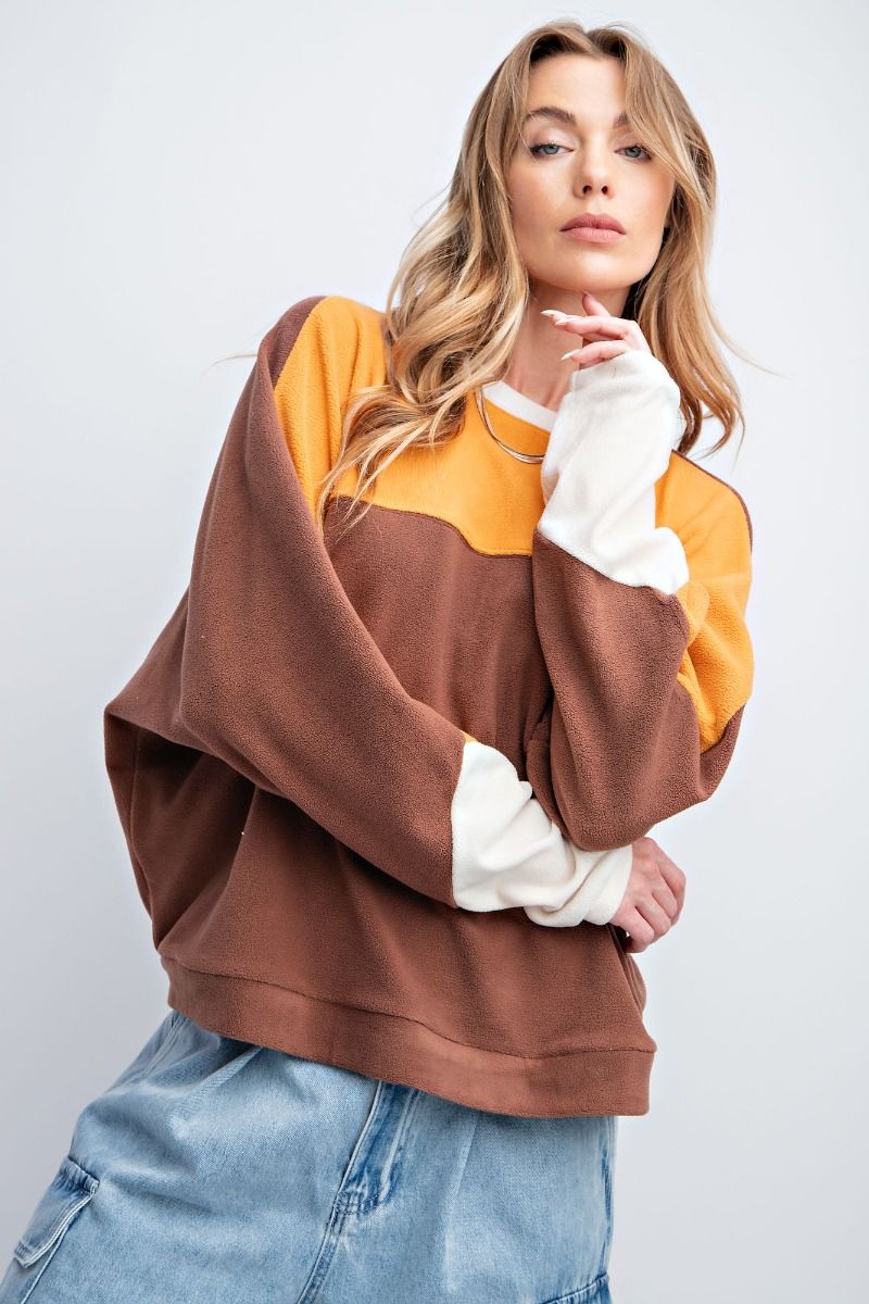 Easel Soft Color Blocked Design Brushed Fleece Loose Fit Pullover Top - Roulhac Fashion Boutique