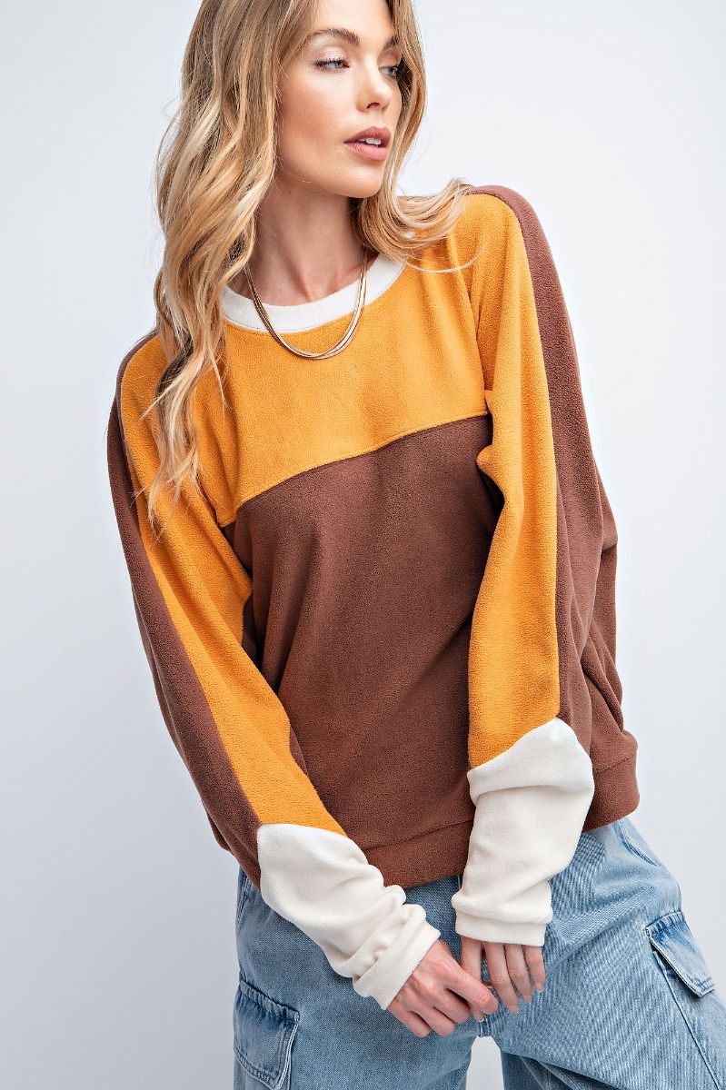 Easel Soft Color Blocked Design Brushed Fleece Loose Fit Pullover Top - Roulhac Fashion Boutique