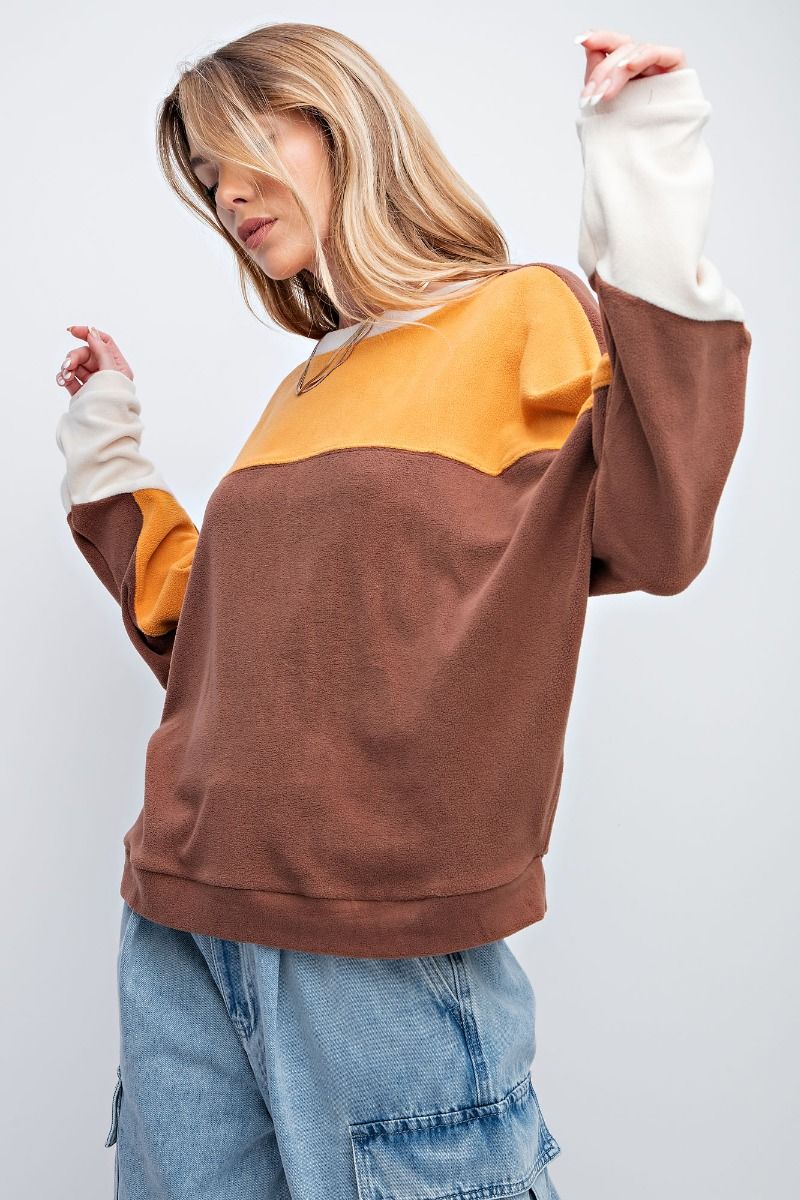 Easel Soft Color Blocked Design Brushed Fleece Loose Fit Pullover Top - Roulhac Fashion Boutique