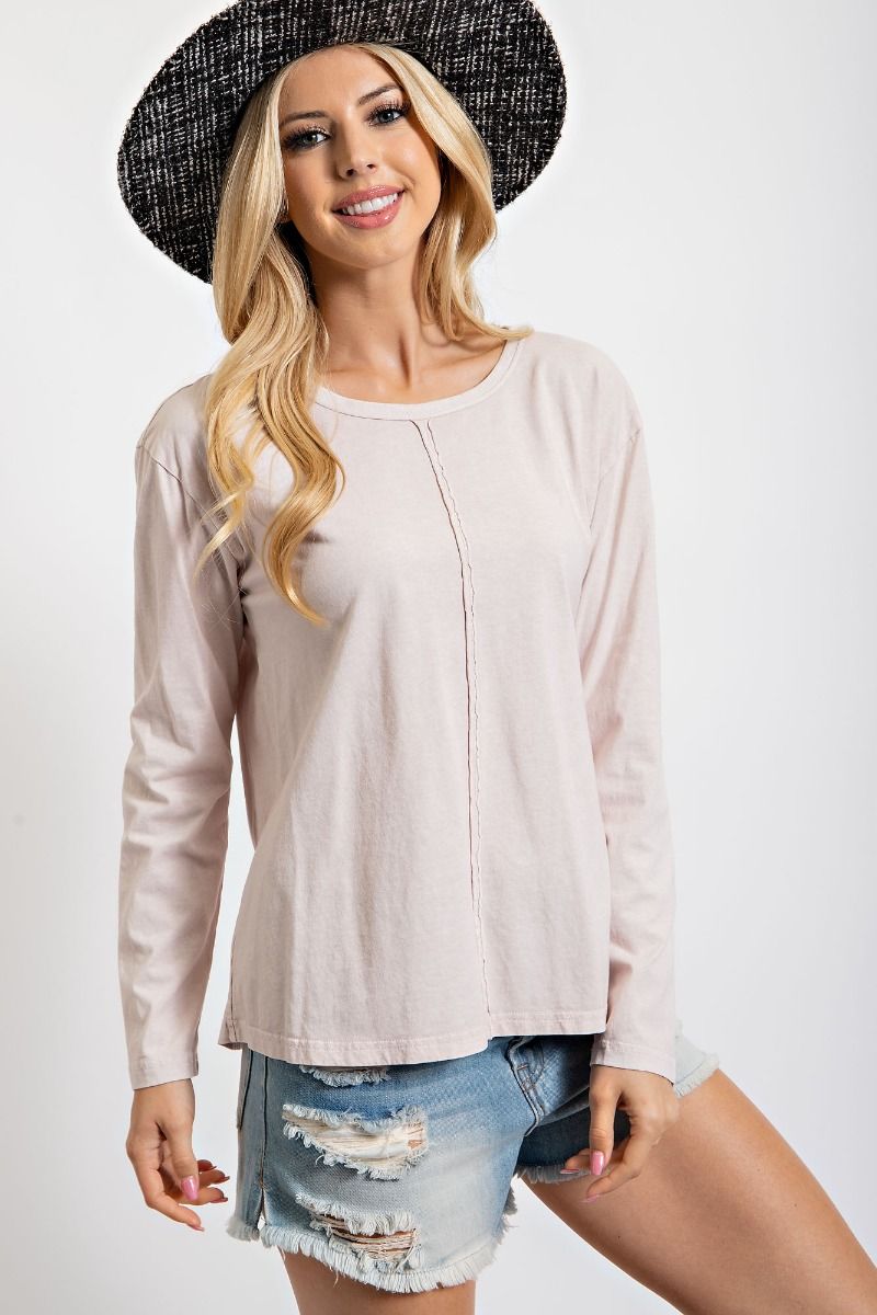 Easel Cotton Jersey Mineral Washed Rounded Neck Dropped Loose Fit Top - Roulhac Fashion Boutique