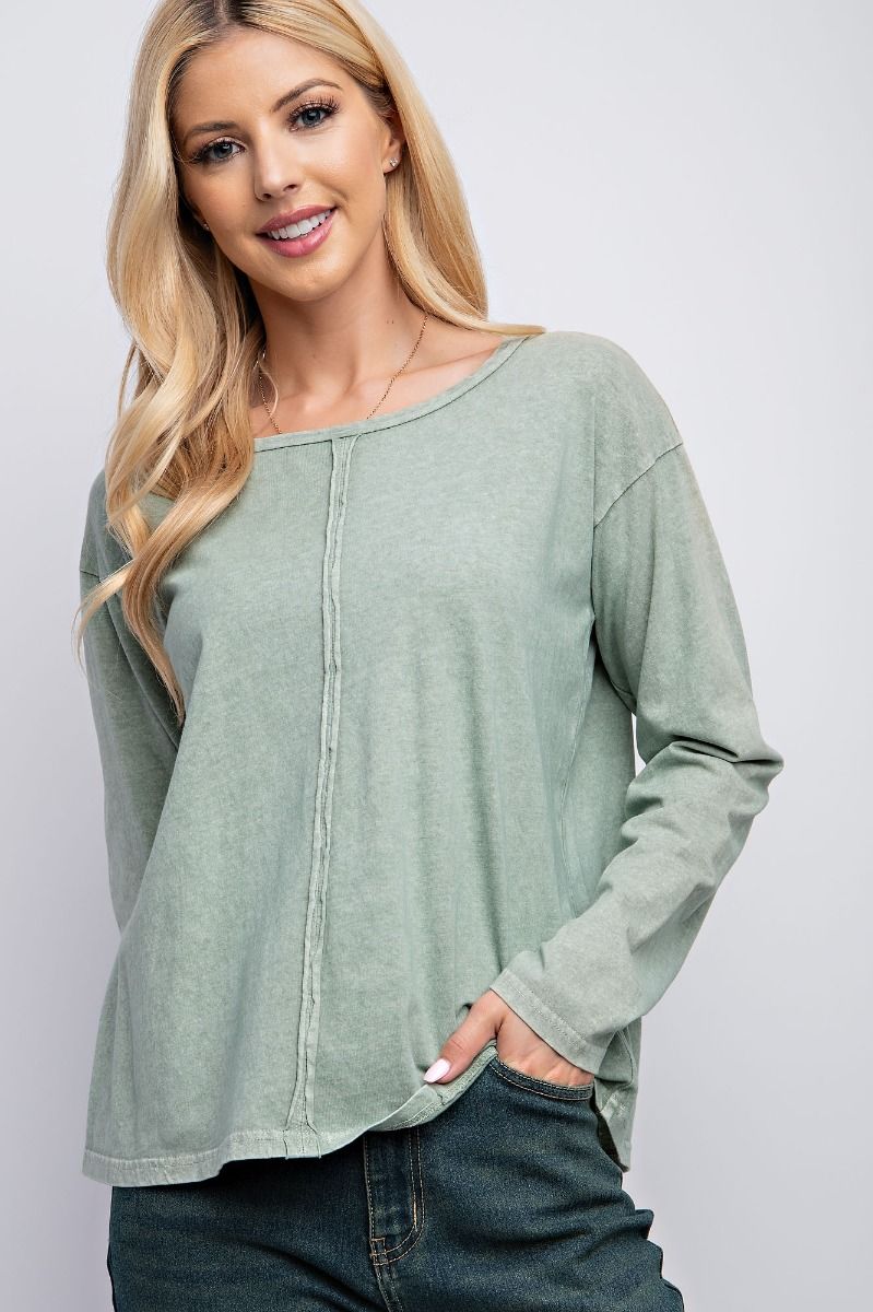 Easel Cotton Jersey Mineral Washed Rounded Neck Dropped Loose Fit Top