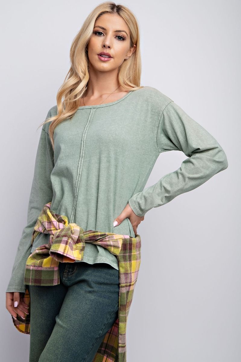 Easel Cotton Jersey Mineral Washed Rounded Neck Dropped Loose Fit Top