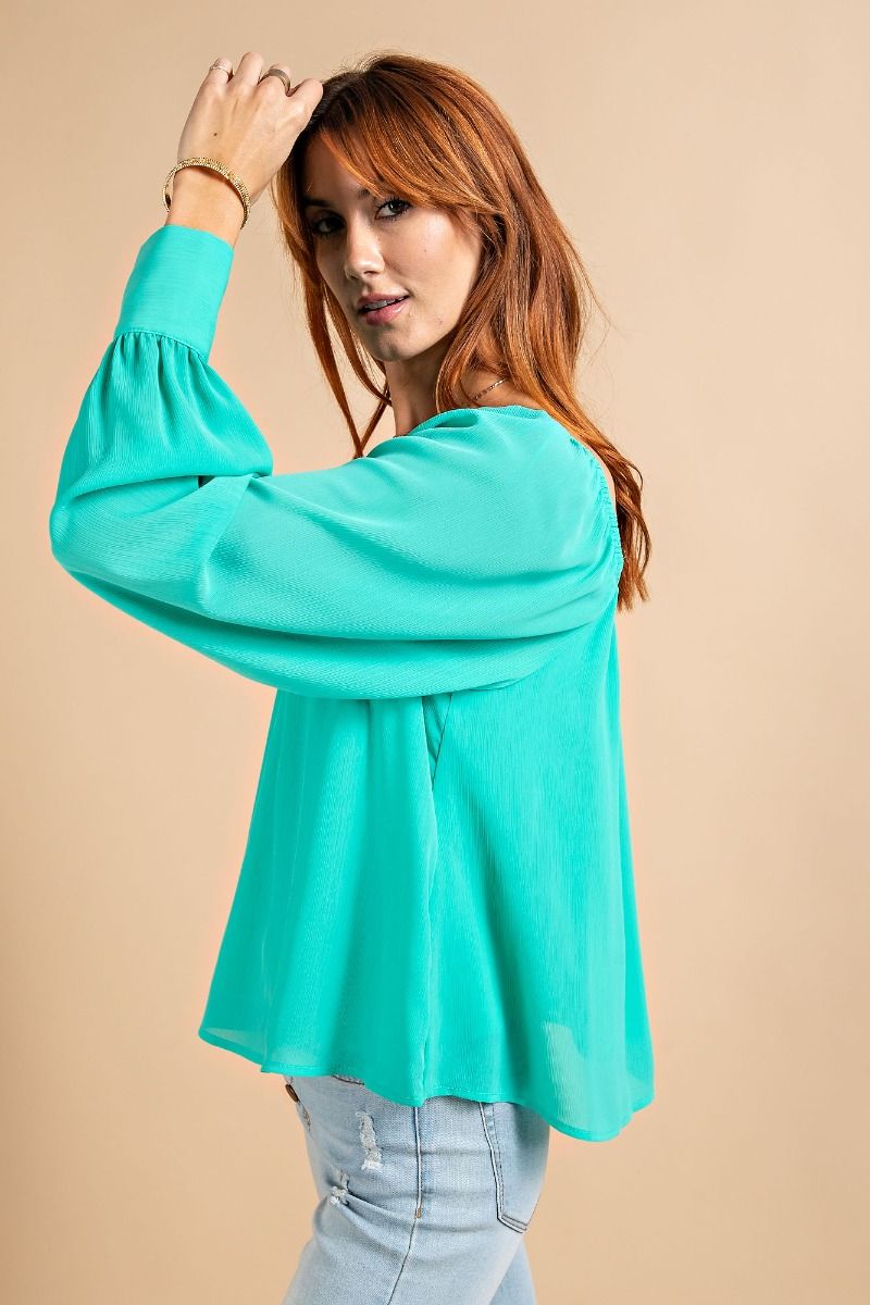 Easel Buttoned Cuffs Loose Fit Chiffon Lightweight Lined Blouse - Roulhac Fashion Boutique