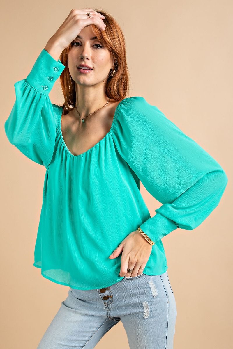 Easel Buttoned Cuffs Loose Fit Chiffon Lightweight Lined Blouse - Roulhac Fashion Boutique