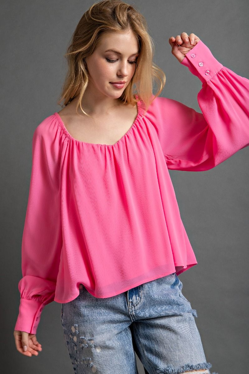 Easel Buttoned Cuffs Loose Fit Chiffon Lightweight Lined Blouse