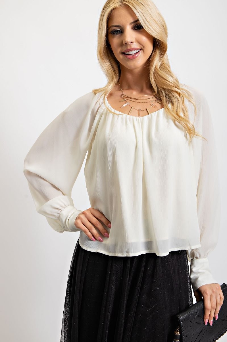 Easel Buttoned Cuffs Loose Fit Chiffon Lightweight Lined Blouse - Roulhac Fashion Boutique