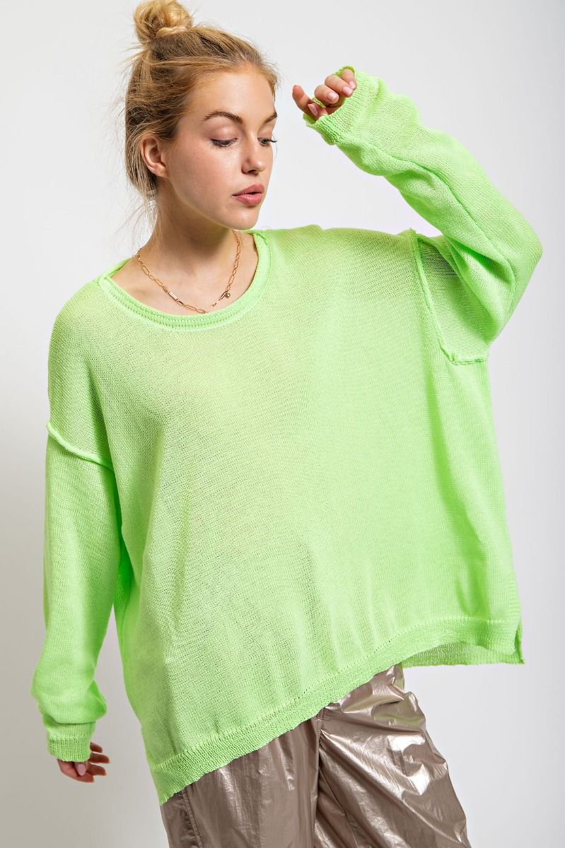 Easel Plus Knit Solid Rounded Neck Relaxed Loose Fit Lightweight Sweater - Roulhac Fashion Boutique