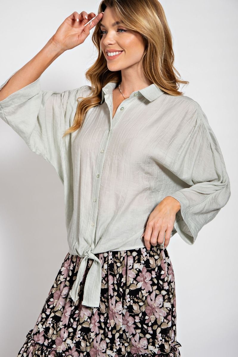 Easel Crinkled Collared Neck 3/4 Wide Sleeves Ruched Button Down Shirt
