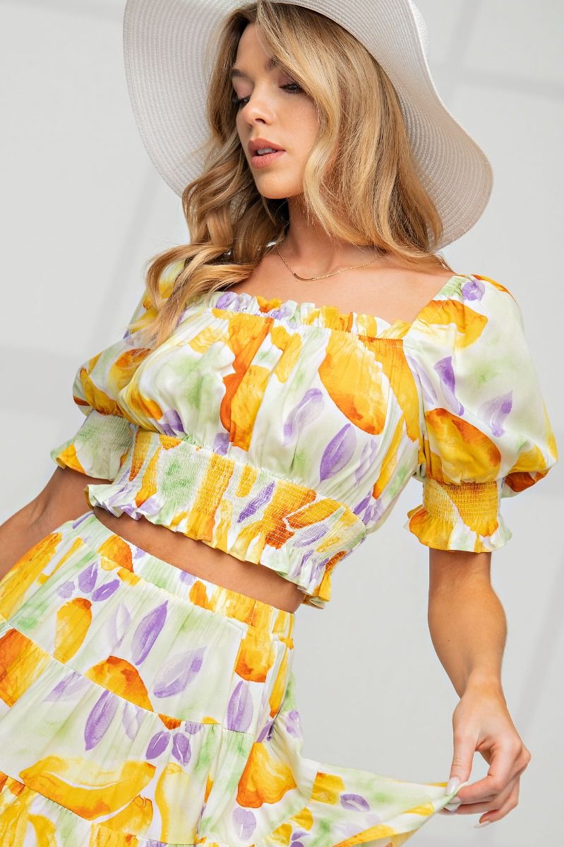 Easel Printed Challis Square Neckine Smokced Detail Ruffled Crop Top - Roulhac Fashion Boutique
