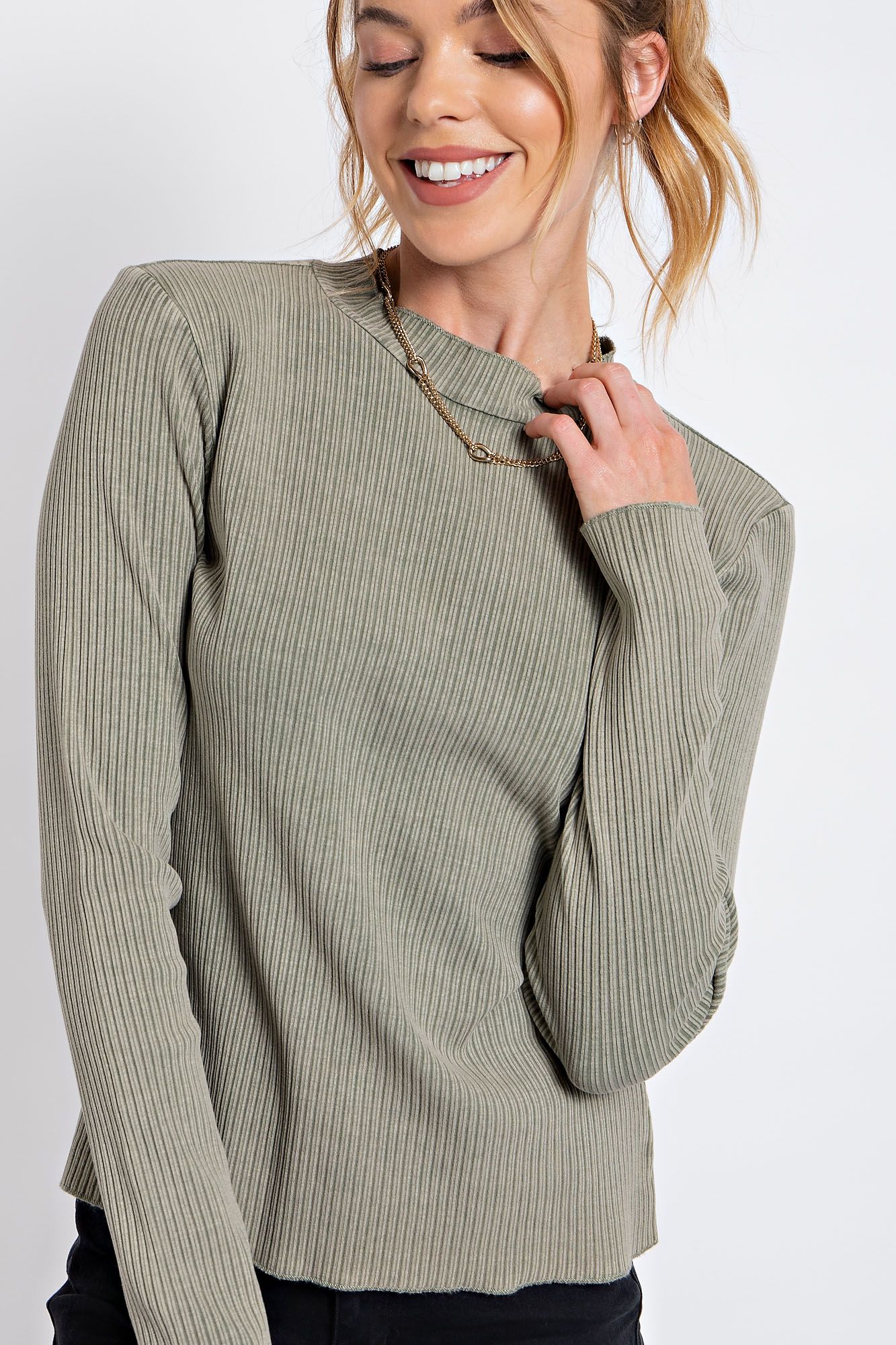 Easel Mineral Washed Rib Knit Mock Neck Lettuce Trim Edge Fitted Slim Top