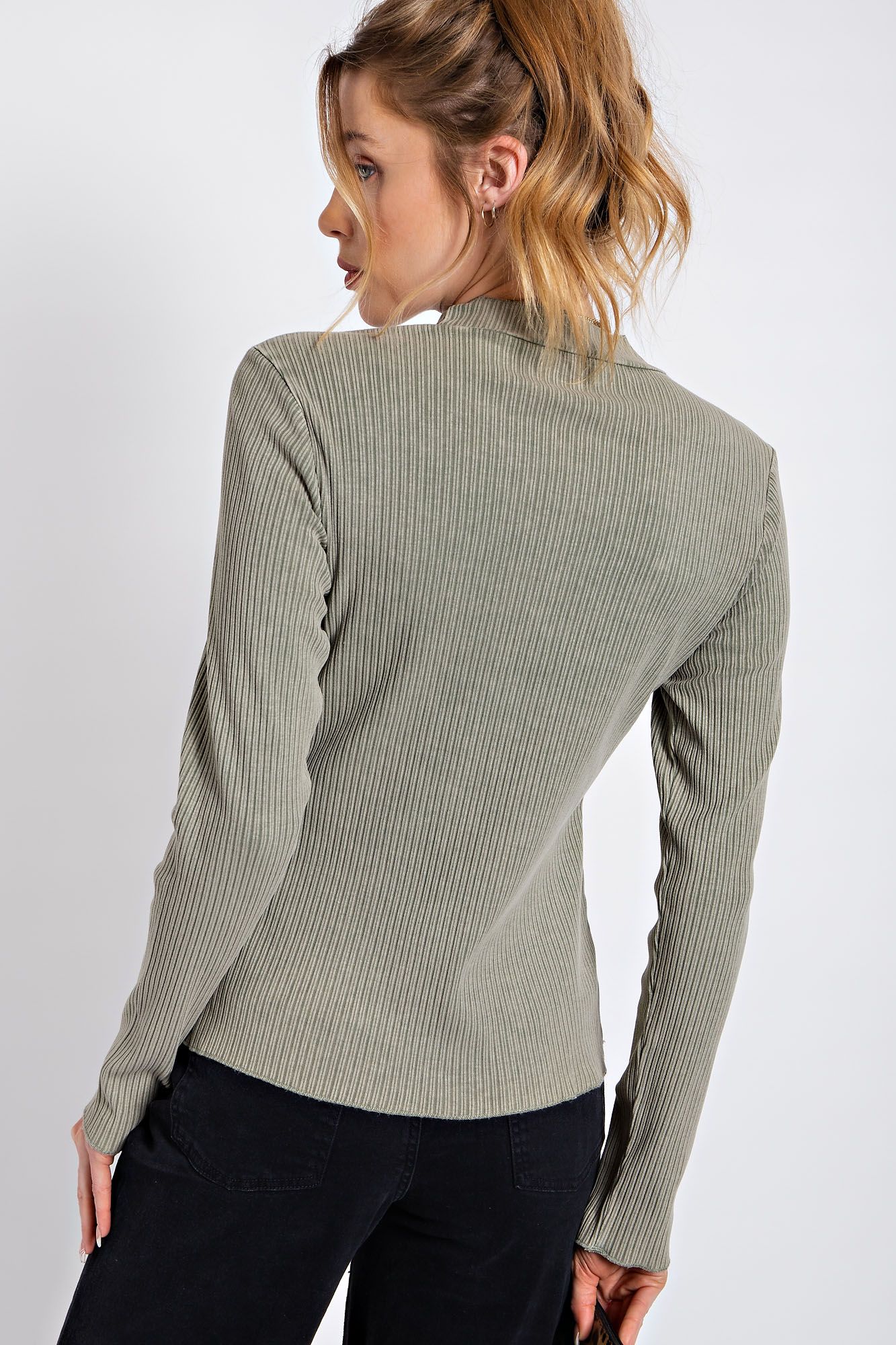 Easel Mineral Washed Rib Knit Mock Neck Lettuce Trim Edge Fitted Slim Top