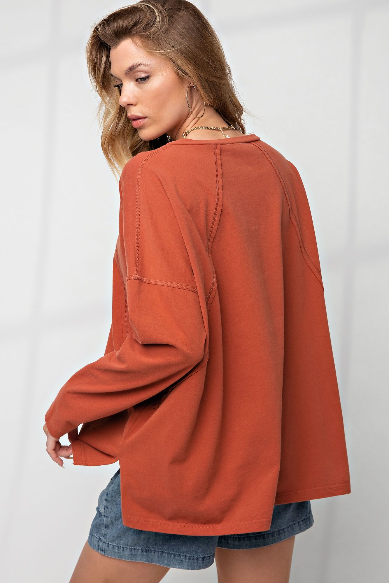 Easel Exposed Seam Long Sleeve Cotton Jersey Boxy Knit Oversized Top - Roulhac Fashion Boutique