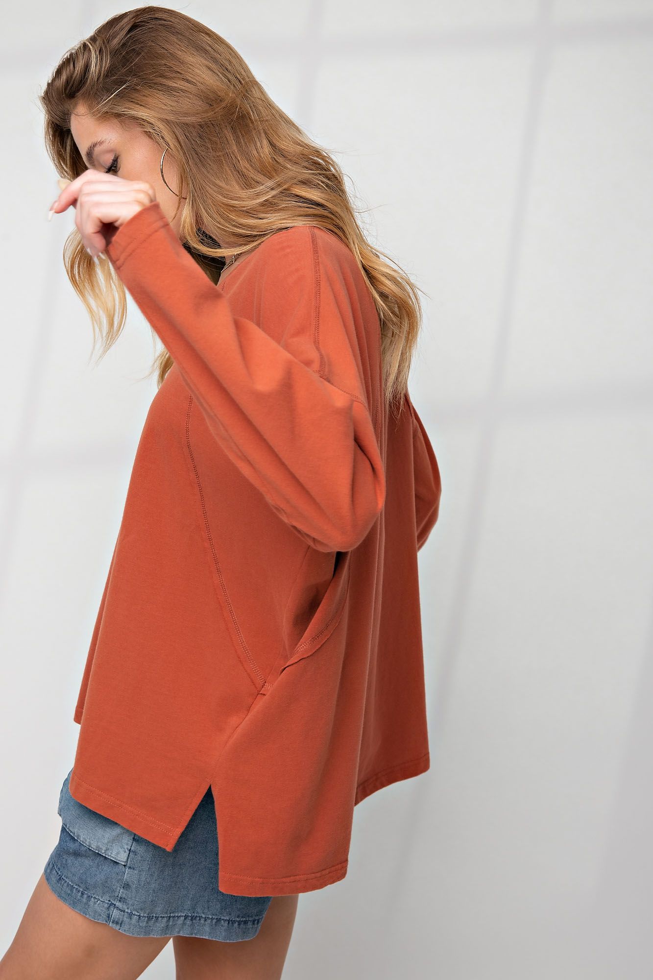 Easel Exposed Seam Long Sleeve Cotton Jersey Boxy Knit Oversized Top - Roulhac Fashion Boutique
