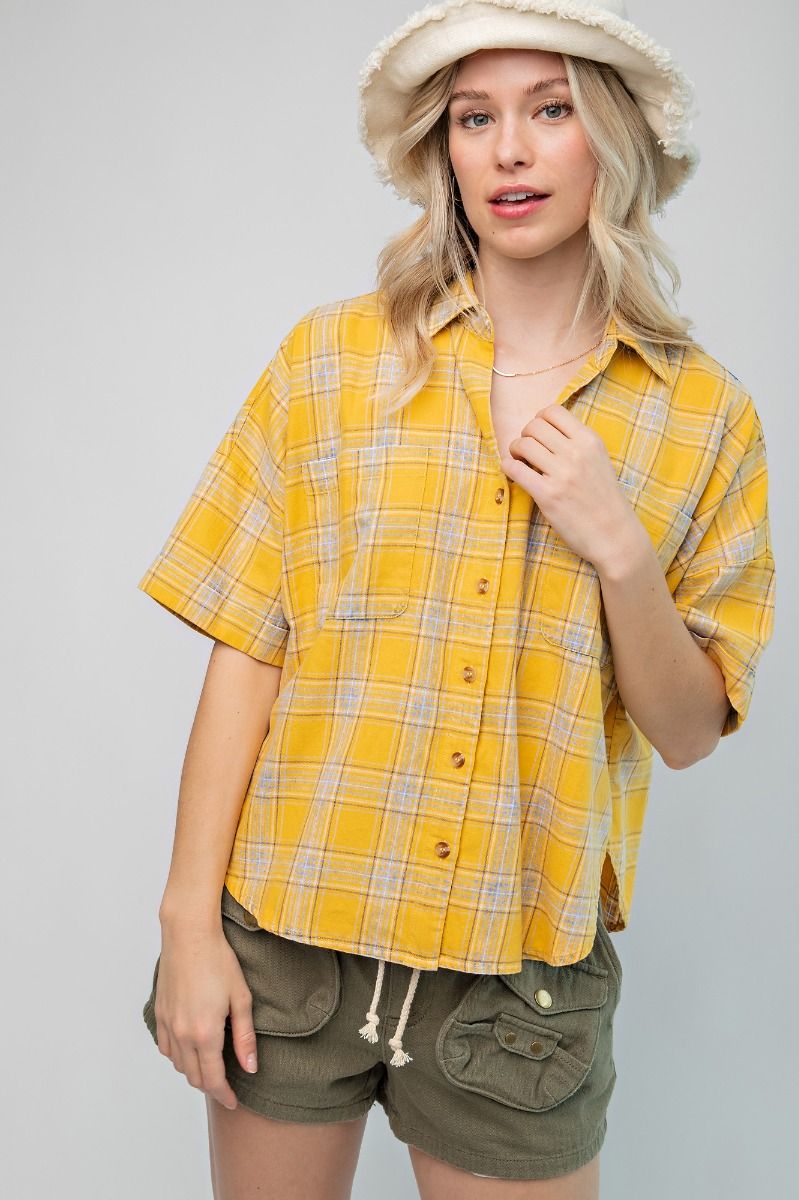 Easel Mineral Washed Button Down Plaid Collared Neck Pleated Top