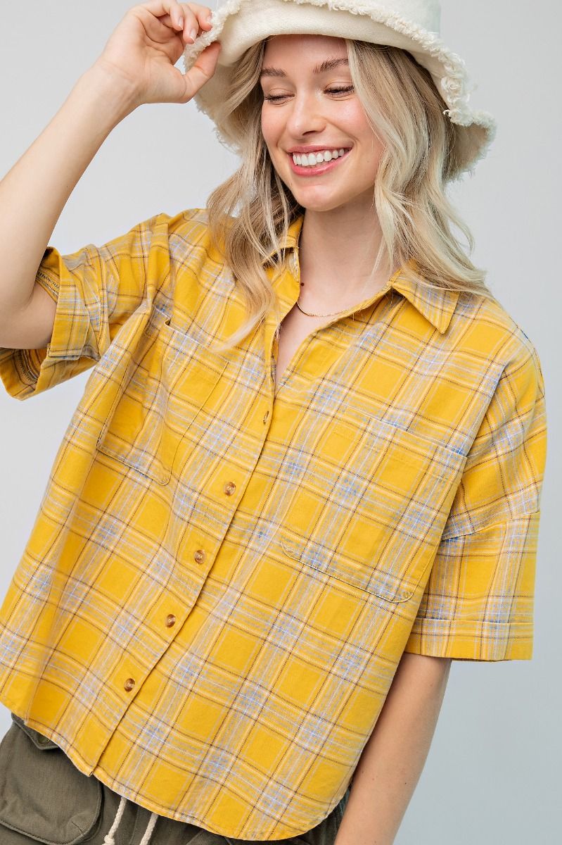 Easel Mineral Washed Button Down Plaid Collared Neck Pleated Top