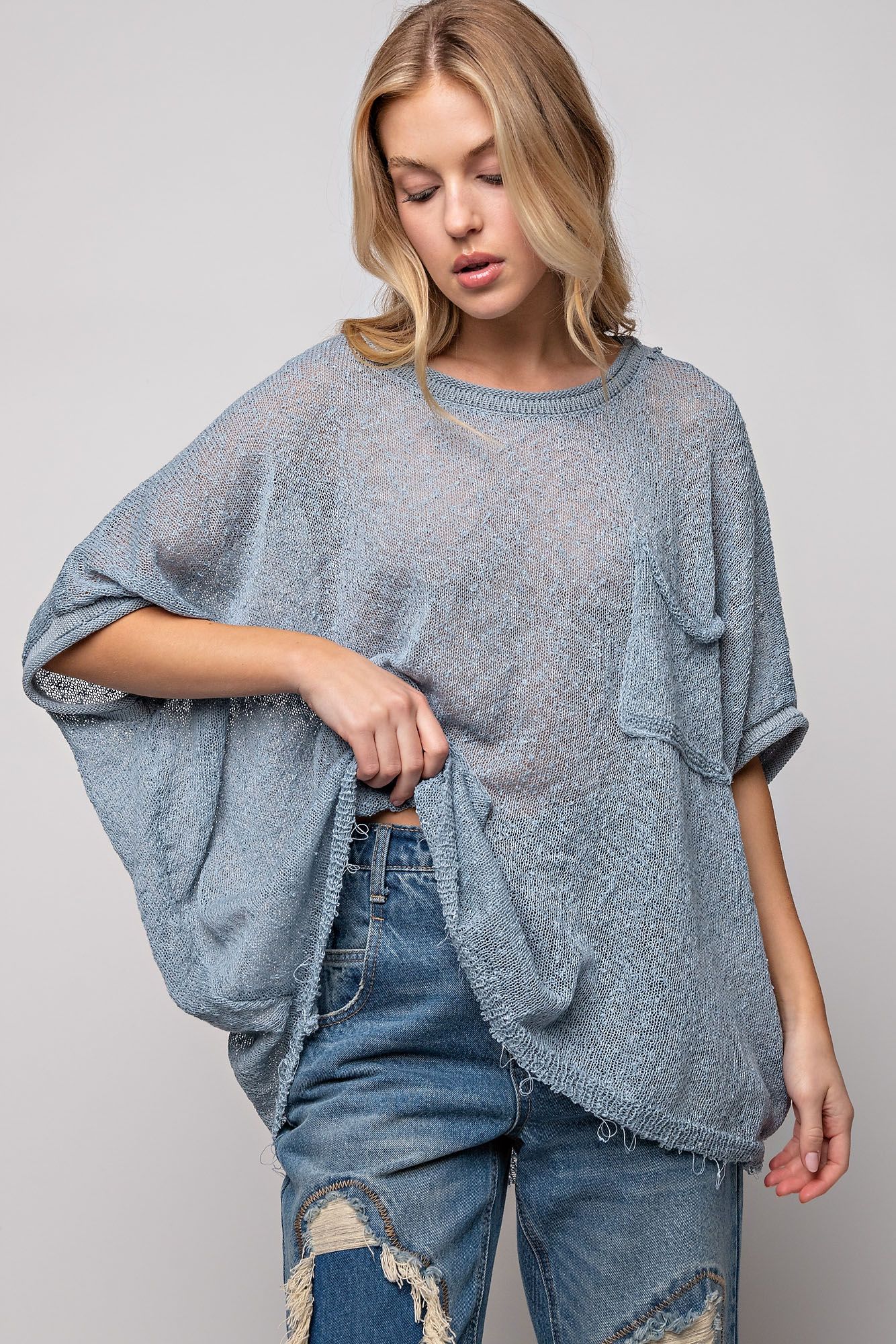 Easel Plus Dolman Sleeves Thin Boat Neck Lightweight Loose Fit Sweater - Roulhac Fashion Boutique