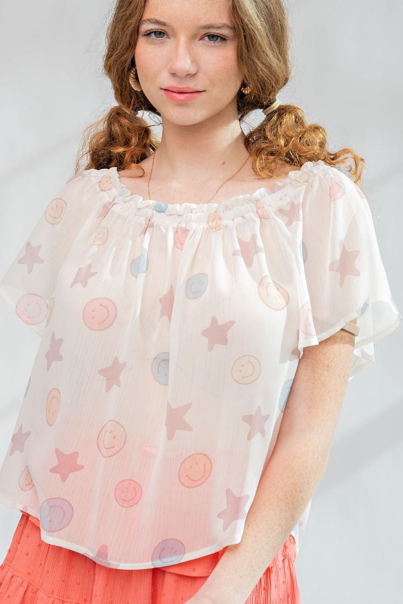 Easel Smiley Face Ruffle Yoru Chiffon Off The Shoulder Lightweight Top - Roulhac Fashion Boutique