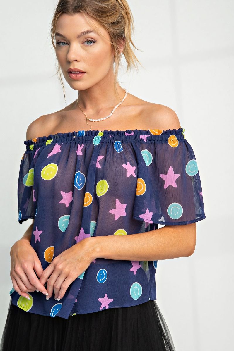 Easel Smiley Face Ruffle Yoru Chiffon Off The Shoulder Lightweight Top - Roulhac Fashion Boutique