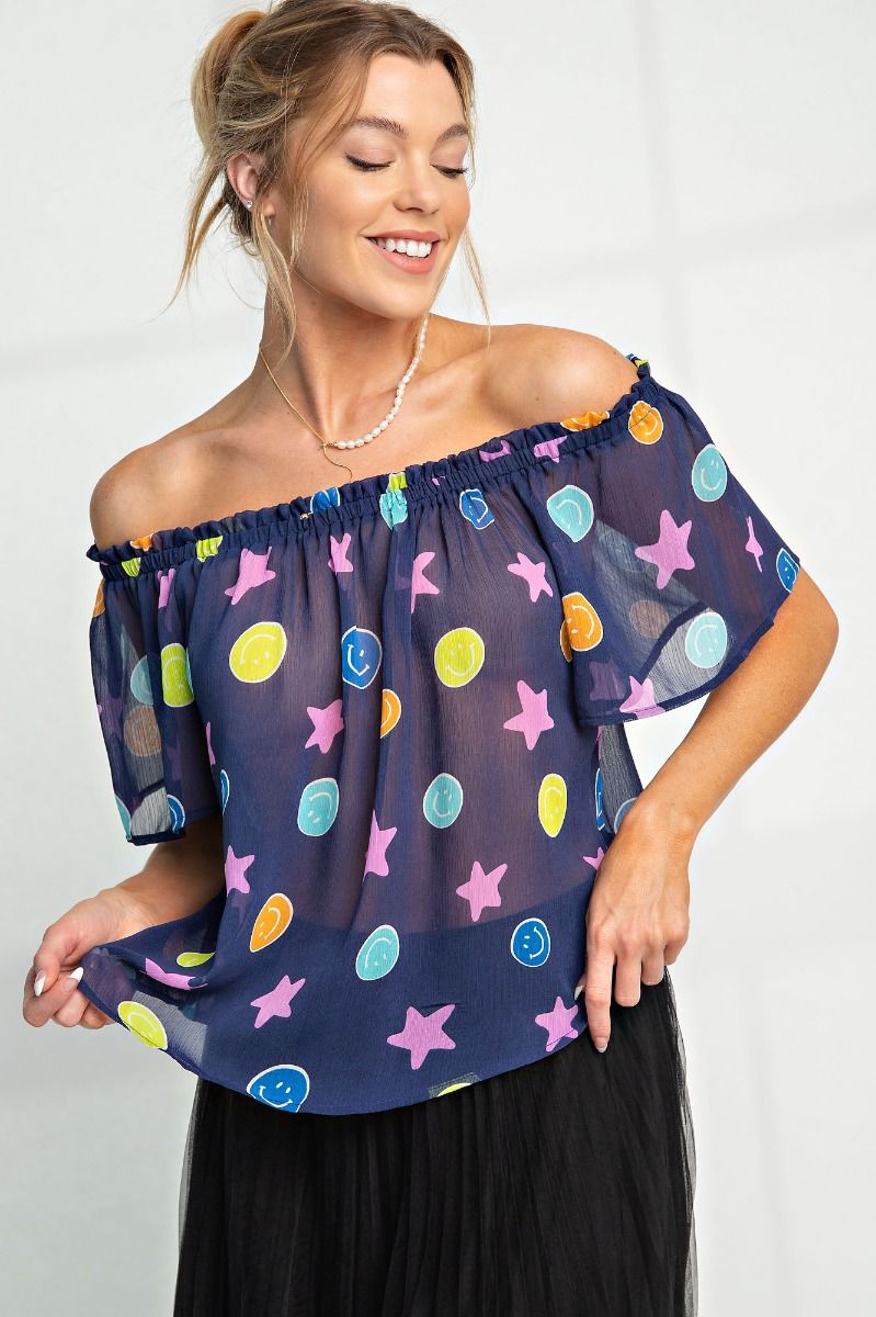 Easel Smiley Face Ruffle Yoru Chiffon Off The Shoulder Lightweight Top - Roulhac Fashion Boutique