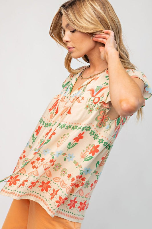 Easel Ruffle Cap Sleeve Floral Printed Gauze Ruffle Rounded Hem Top - Roulhac Fashion Boutique