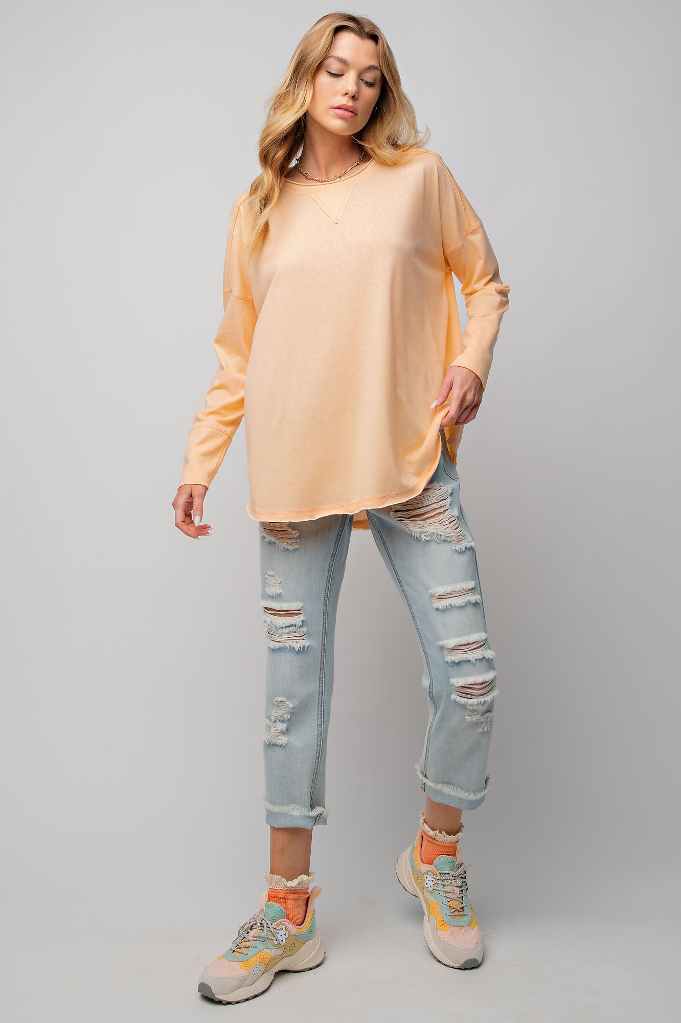 Easel Cotton Jersey Exposed Seam Raw Double Hem Loose Fit Tunic Top - Roulhac Fashion Boutique