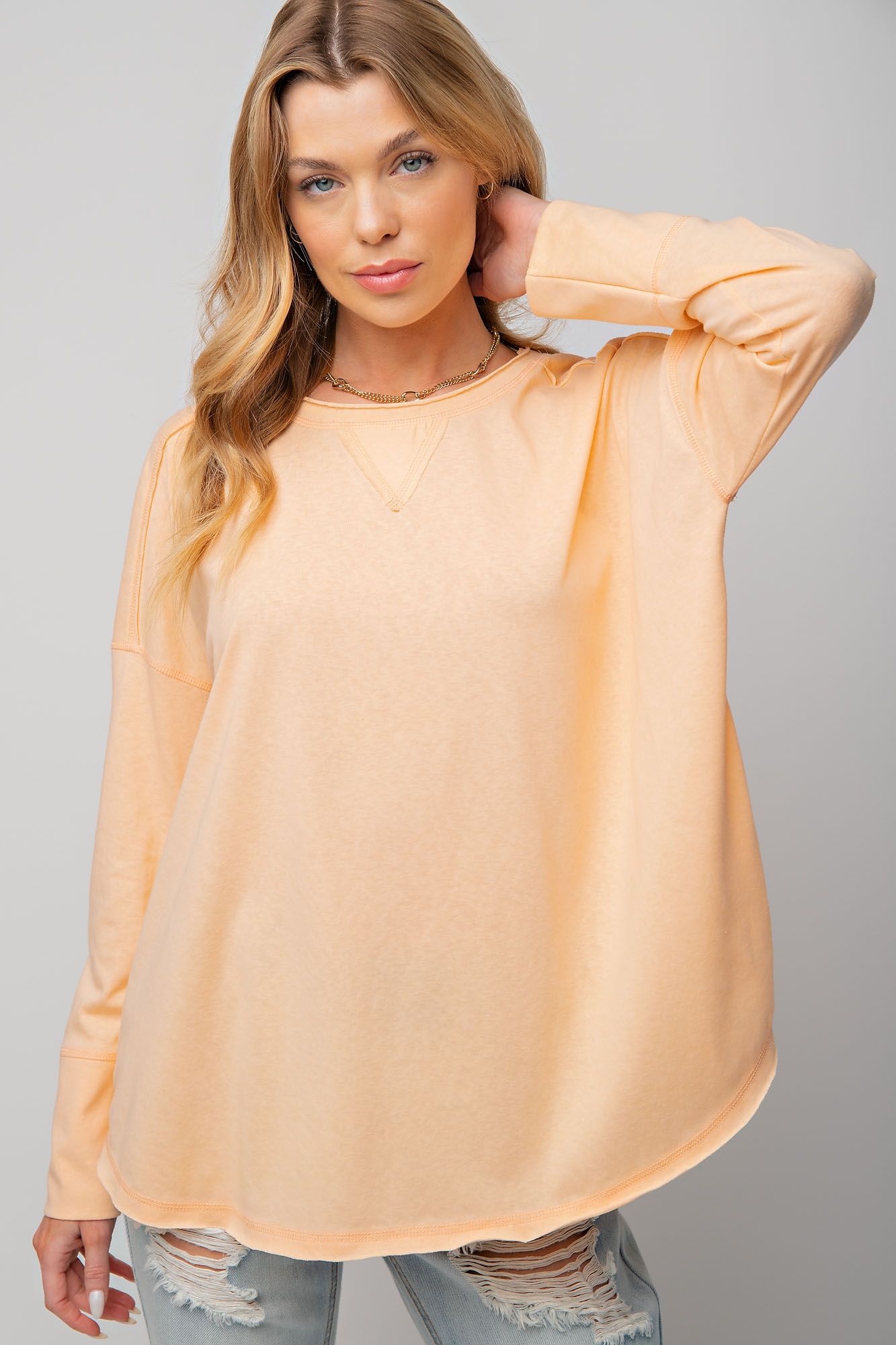 Easel Cotton Jersey Exposed Seam Raw Double Hem Loose Fit Tunic Top - Roulhac Fashion Boutique