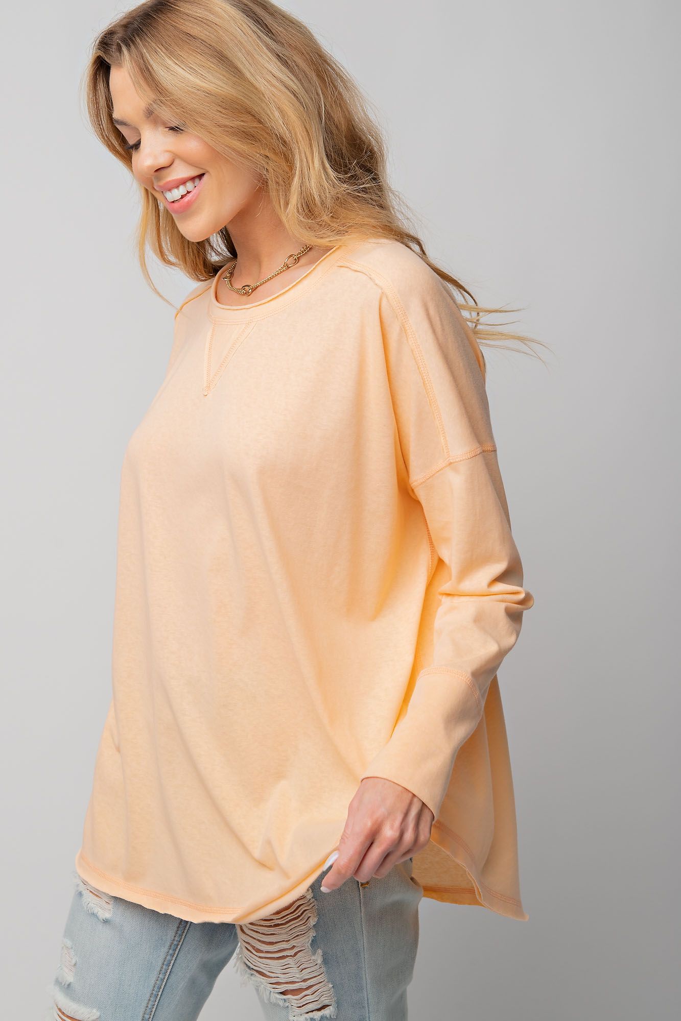 Easel Cotton Jersey Exposed Seam Raw Double Hem Loose Fit Tunic Top - Roulhac Fashion Boutique