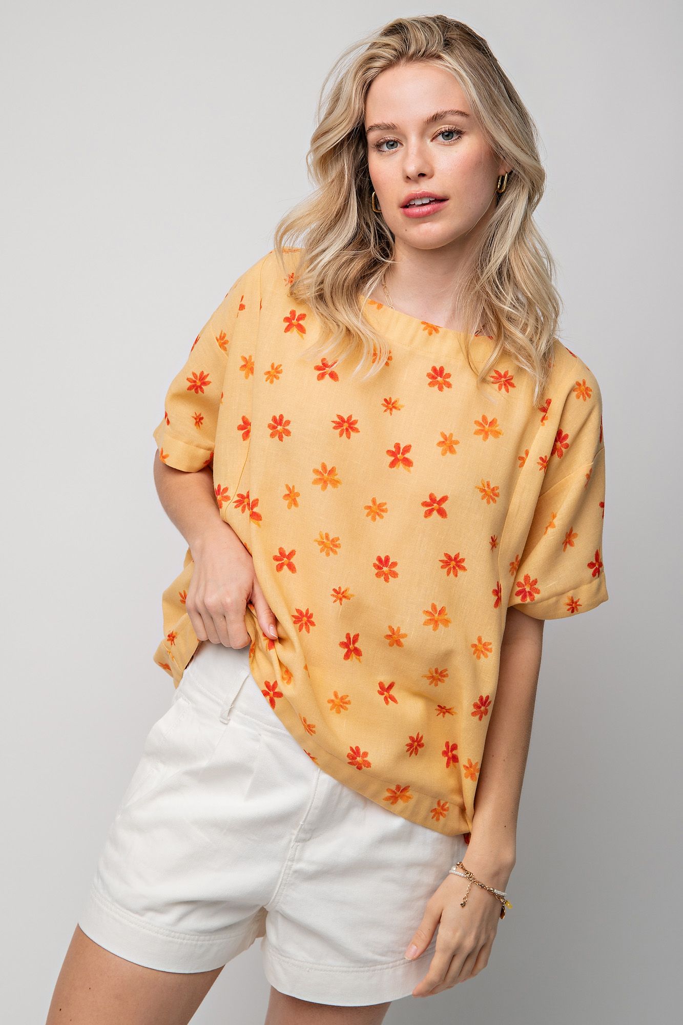 Easel Linen Floral Printed Boat Neck Half Sleeves Boxy Loose Fit Top