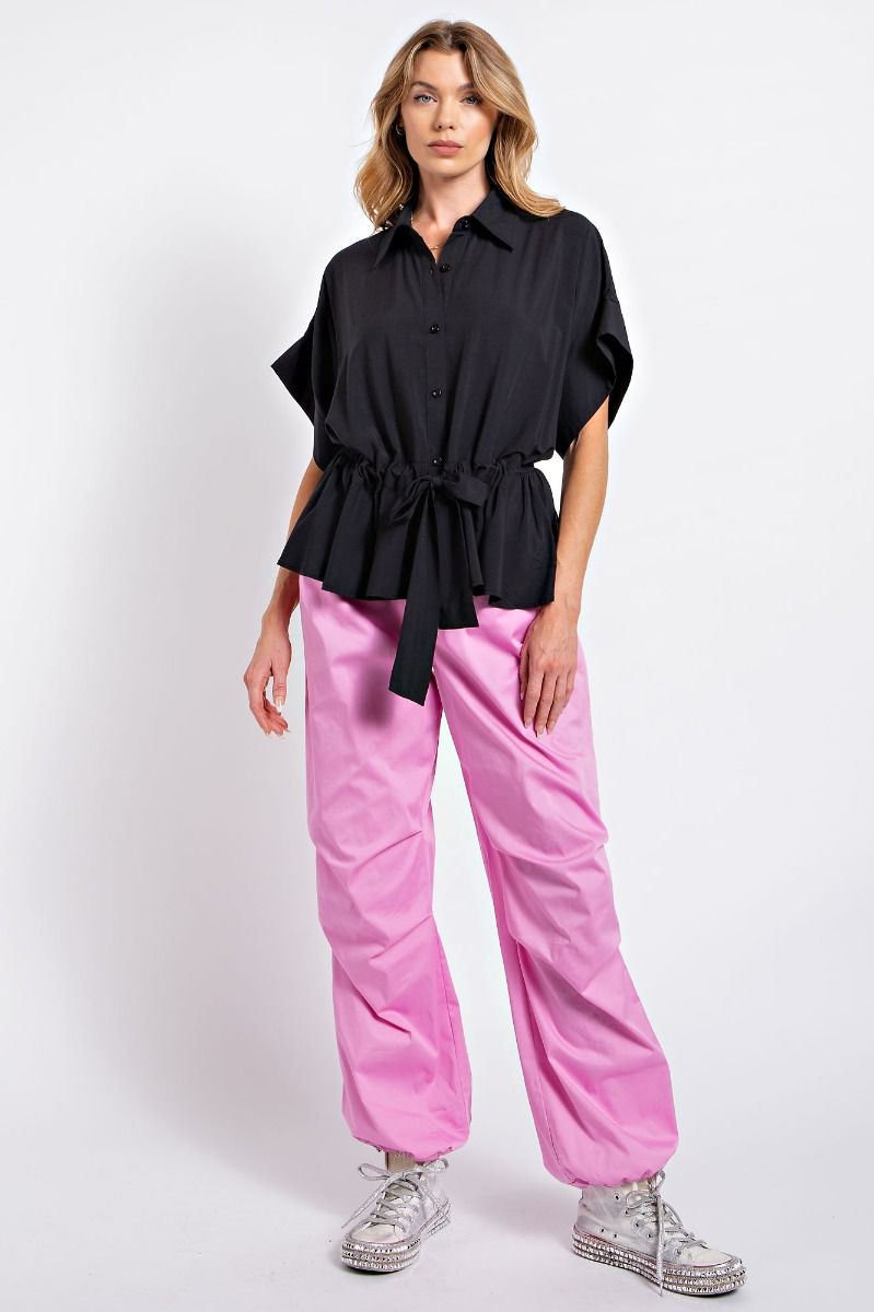 Easel Challis Button Down Collared Neck Ruffled Bottompeplum Top - Roulhac Fashion Boutique