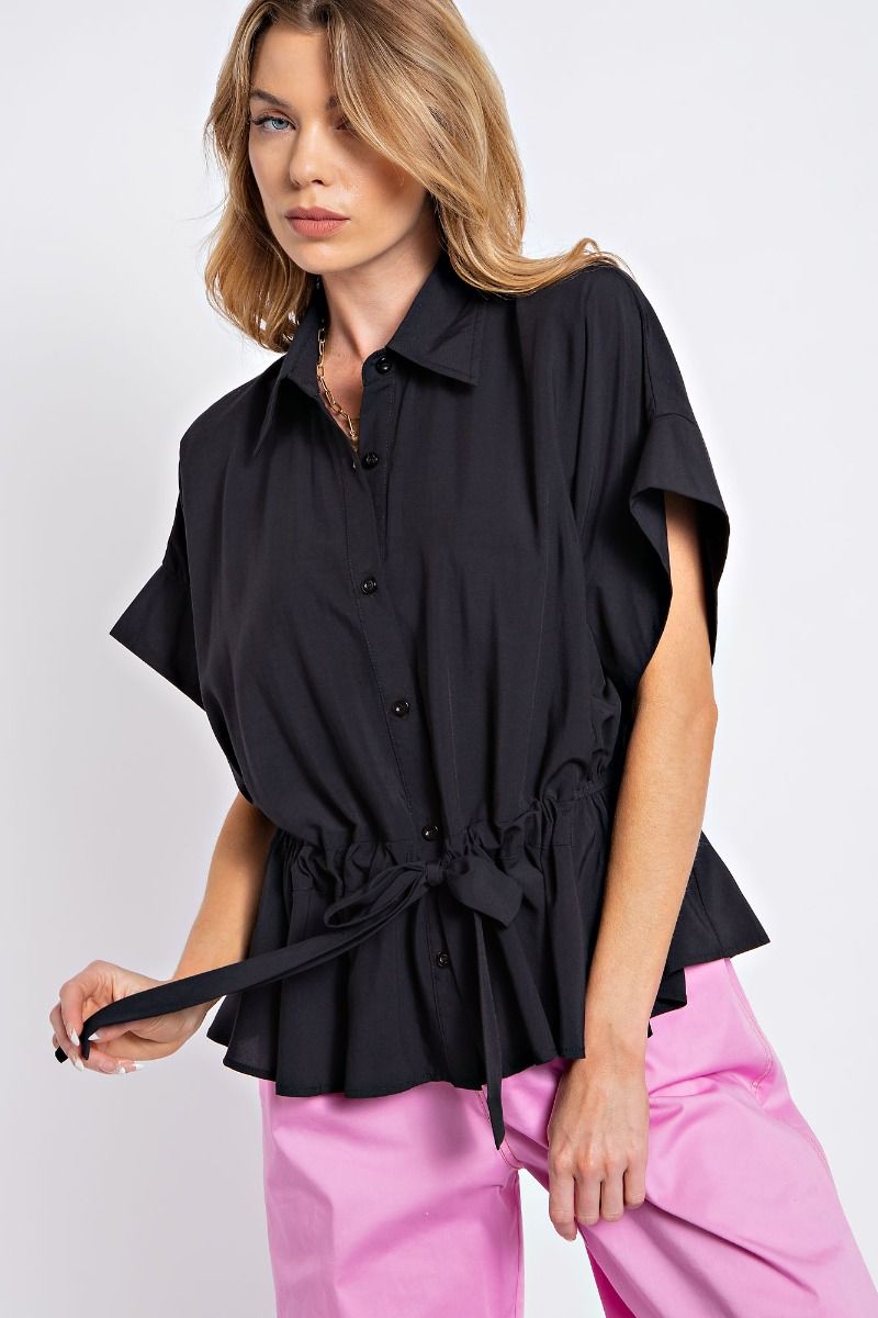 Easel Challis Button Down Collared Neck Ruffled Bottompeplum Top - Roulhac Fashion Boutique