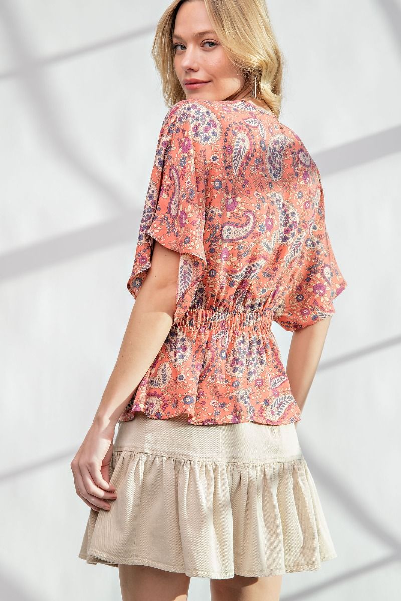 Easel Paisley Printed Button Down Crepe V Neck Slouchy Peplum Top - Roulhac Fashion Boutique