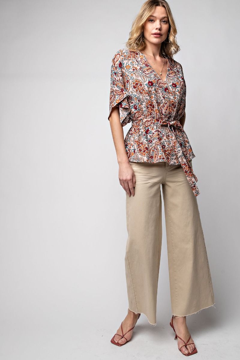 Easel Paisley Printed Button Down Crepe V Neck Slouchy Peplum Top