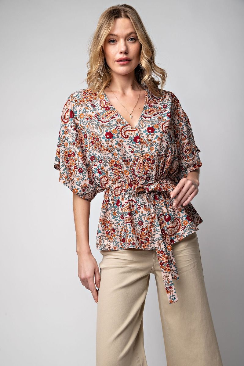 Easel Paisley Printed Button Down Crepe V Neck Slouchy Peplum Top
