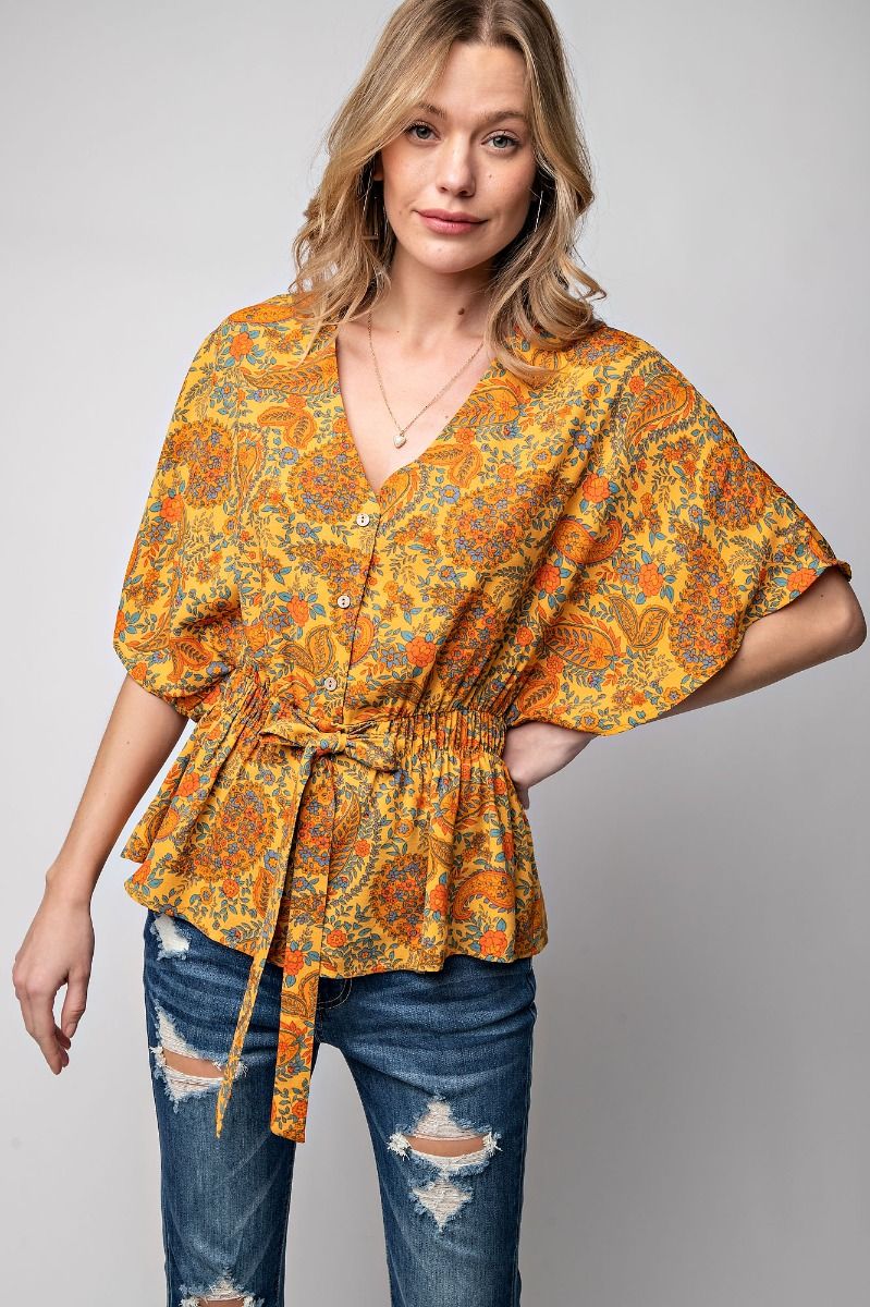 Easel Paisley Printed Button Down Crepe V Neck Slouchy Peplum Top - Roulhac Fashion Boutique