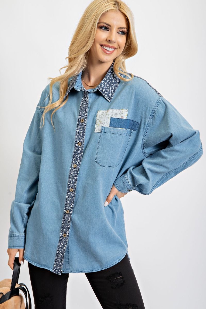 Easel Washed Denim Patchwork Button Down Front Chest Pocket Loose Fit Shirt - Roulhac Fashion Boutique