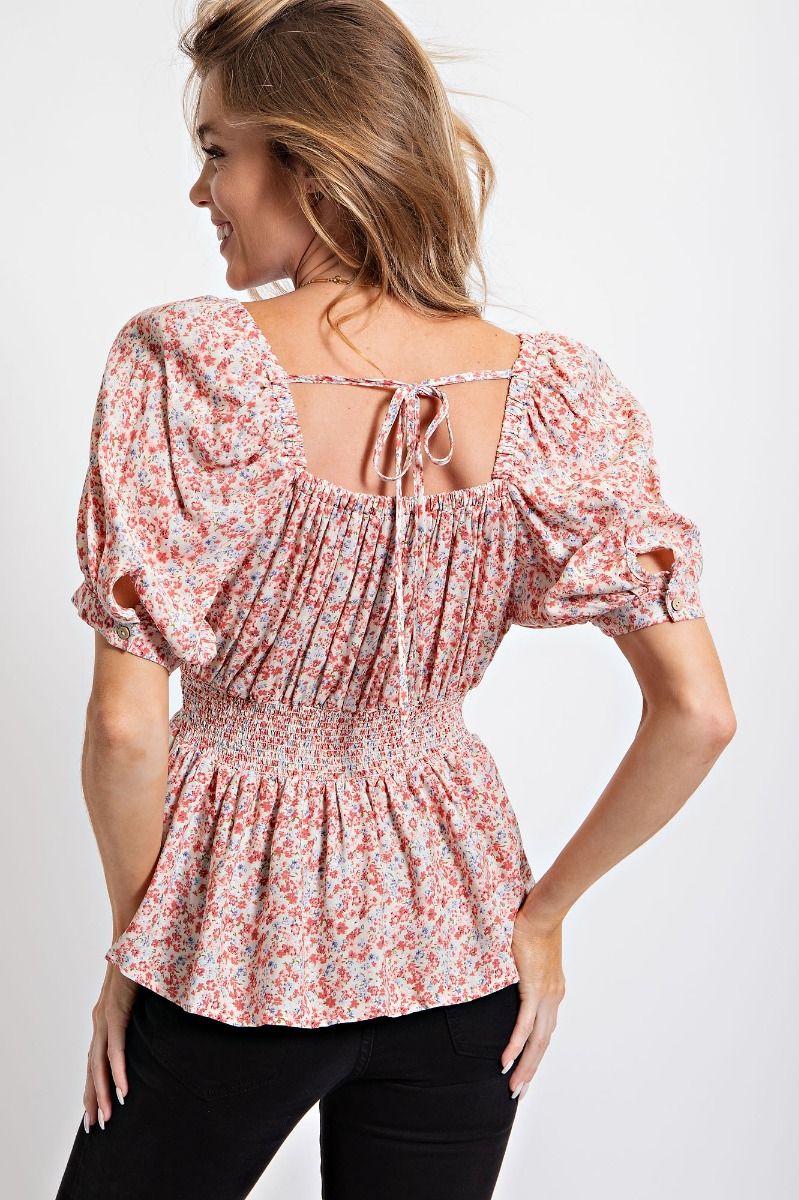 Easel Floral Printed Square Neck Puff Sleeve Smocked Waist Peplum Top - Roulhac Fashion Boutique