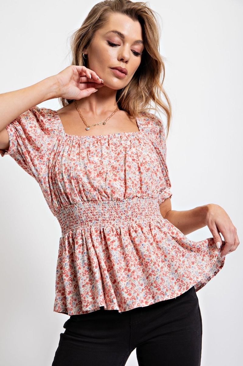 Easel Floral Printed Square Neck Puff Sleeve Smocked Waist Peplum Top - Roulhac Fashion Boutique